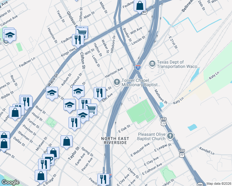 map of restaurants, bars, coffee shops, grocery stores, and more near 1404 Sublett Alley in Waco