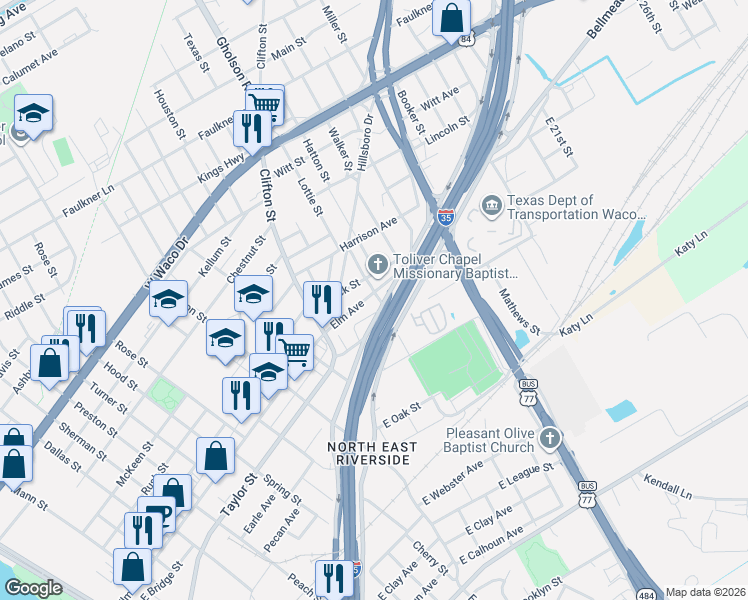 map of restaurants, bars, coffee shops, grocery stores, and more near 1323 Elm Avenue in Waco