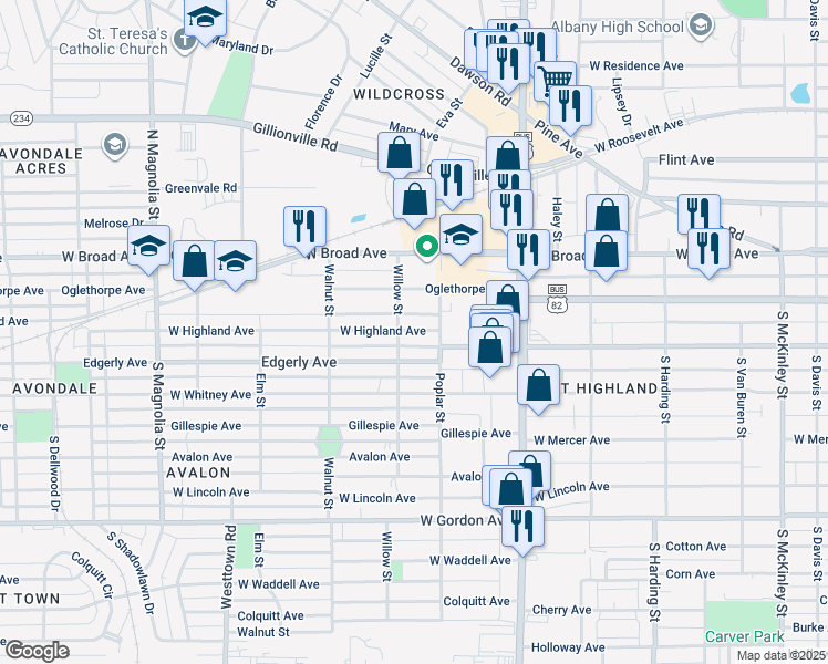 map of restaurants, bars, coffee shops, grocery stores, and more near 1208 West Highland Avenue in Albany
