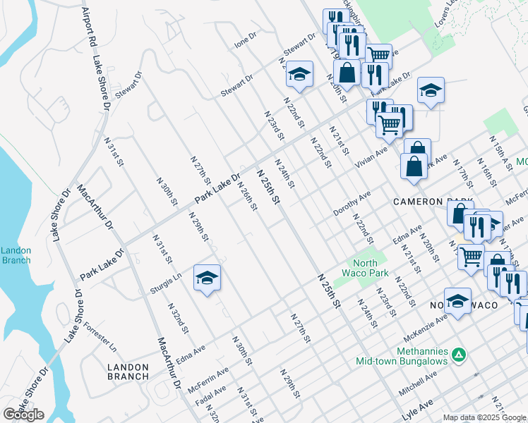 map of restaurants, bars, coffee shops, grocery stores, and more near 3633 North 26th Street in Waco