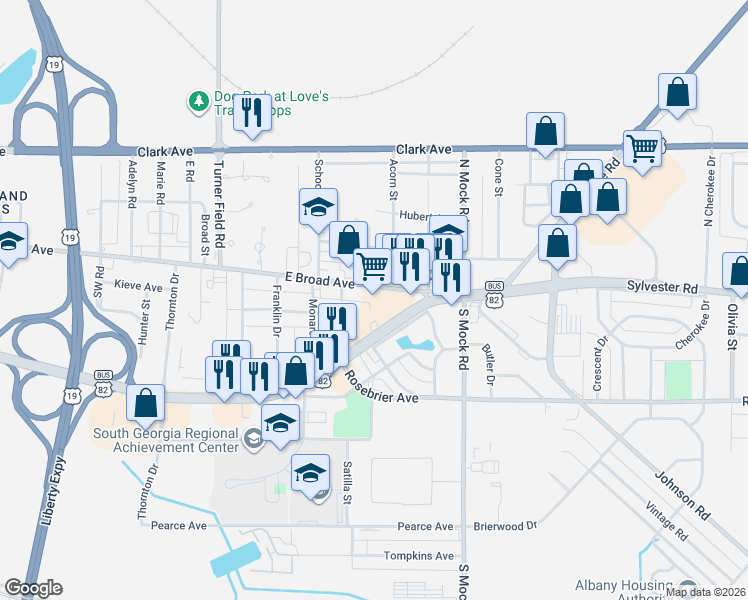 map of restaurants, bars, coffee shops, grocery stores, and more near 2203 East Oglethorpe Boulevard in Albany