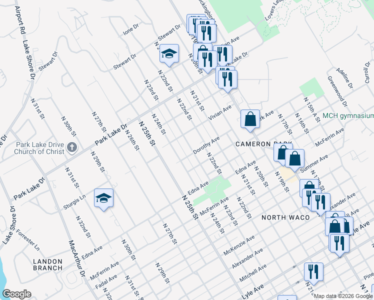 map of restaurants, bars, coffee shops, grocery stores, and more near 3513 North 23rd Street in Waco