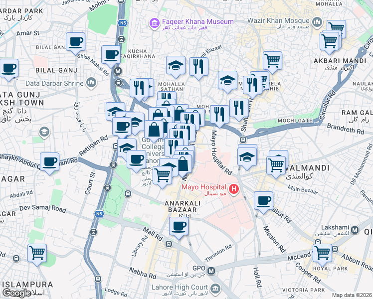 map of restaurants, bars, coffee shops, grocery stores, and more near Aibak Road in Lahore