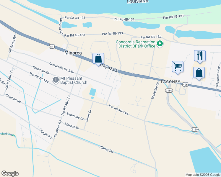 map of restaurants, bars, coffee shops, grocery stores, and more near 100 Concordia Park Drive in Vidalia