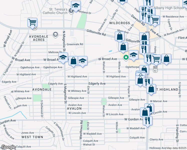 map of restaurants, bars, coffee shops, grocery stores, and more near 1421 West Highland Avenue in Albany