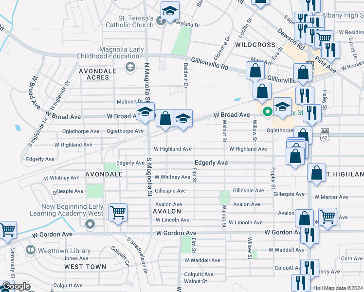 map of restaurants, bars, coffee shops, grocery stores, and more near 1509 West Highland Avenue in Albany