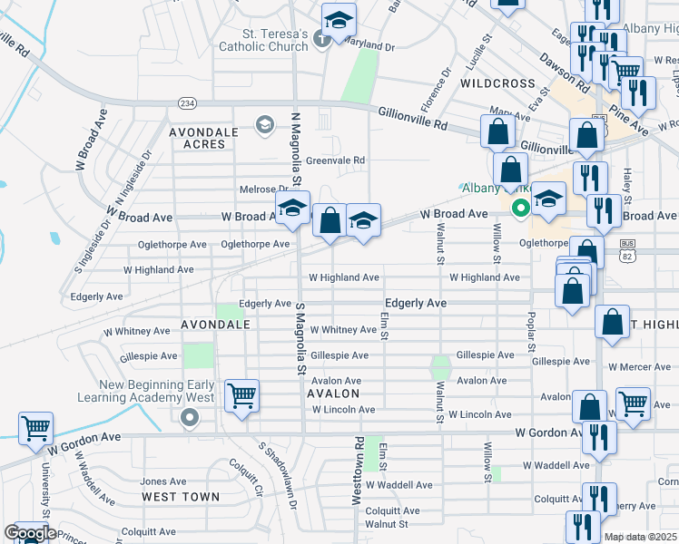 map of restaurants, bars, coffee shops, grocery stores, and more near 1517 West Highland Avenue in Albany