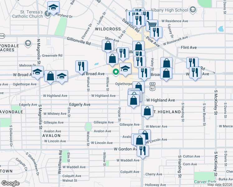 map of restaurants, bars, coffee shops, grocery stores, and more near 1203 West Highland Avenue in Albany