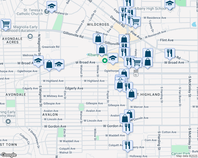 map of restaurants, bars, coffee shops, grocery stores, and more near 1213 West Highland Avenue in Albany