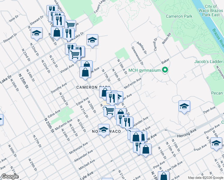 map of restaurants, bars, coffee shops, grocery stores, and more near 1622 Bryan Avenue in Waco