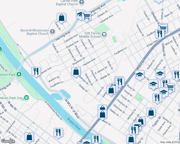 map of restaurants, bars, coffee shops, grocery stores, and more near 1213 Preston Street in Waco