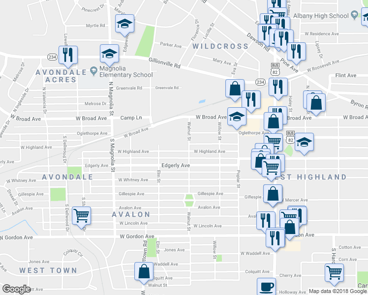 map of restaurants, bars, coffee shops, grocery stores, and more near 1403 Highland Avenue in Albany