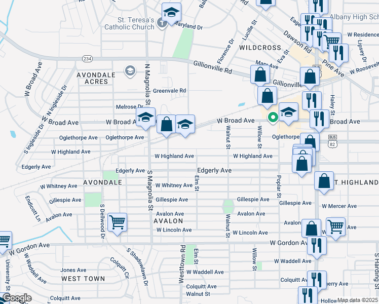map of restaurants, bars, coffee shops, grocery stores, and more near 1509 West Highland Avenue in Albany