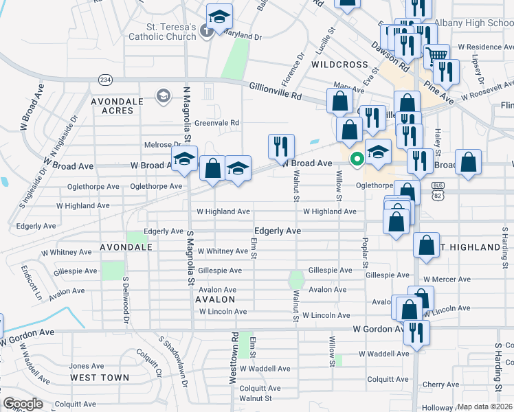 map of restaurants, bars, coffee shops, grocery stores, and more near 1421 West Highland Avenue in Albany
