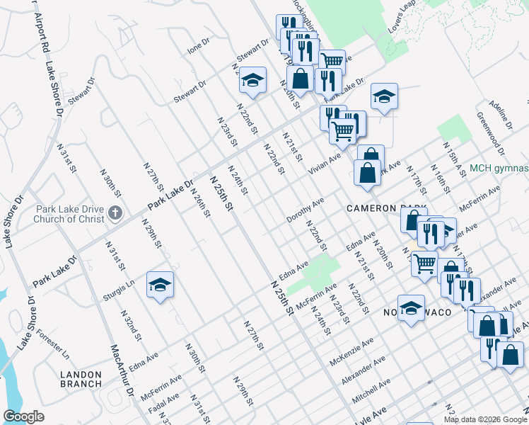 map of restaurants, bars, coffee shops, grocery stores, and more near 3537 North 24th Street in Waco
