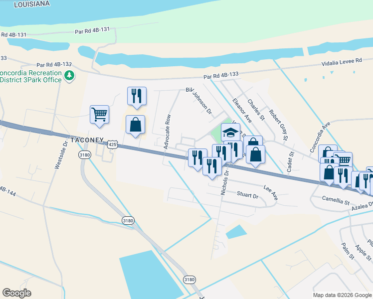 map of restaurants, bars, coffee shops, grocery stores, and more near 4001 Carter Street in Vidalia