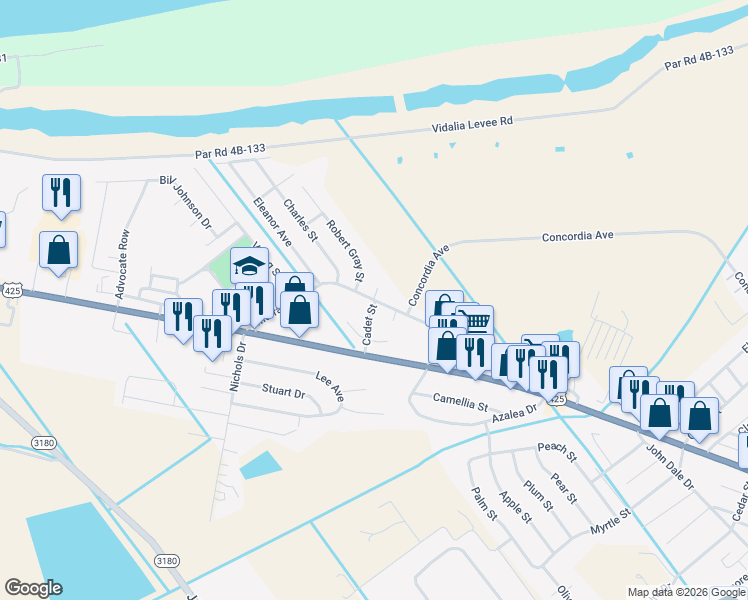 map of restaurants, bars, coffee shops, grocery stores, and more near 1 Loura Circle in Vidalia