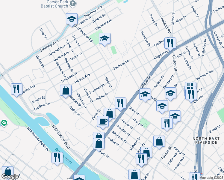 map of restaurants, bars, coffee shops, grocery stores, and more near 1112 Rose Street in Waco