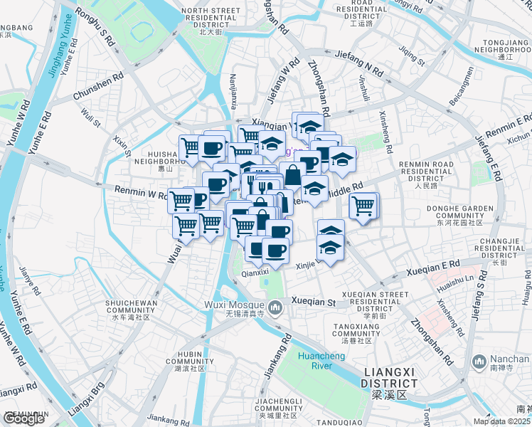 map of restaurants, bars, coffee shops, grocery stores, and more near 2 Xueqian Street in Wu Xi Shi