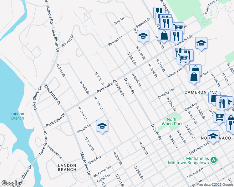 map of restaurants, bars, coffee shops, grocery stores, and more near 3704 North 26th Street in Waco