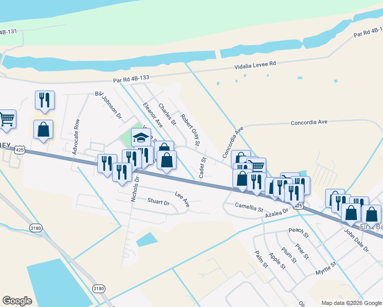map of restaurants, bars, coffee shops, grocery stores, and more near 1928 Murray Drive in Vidalia