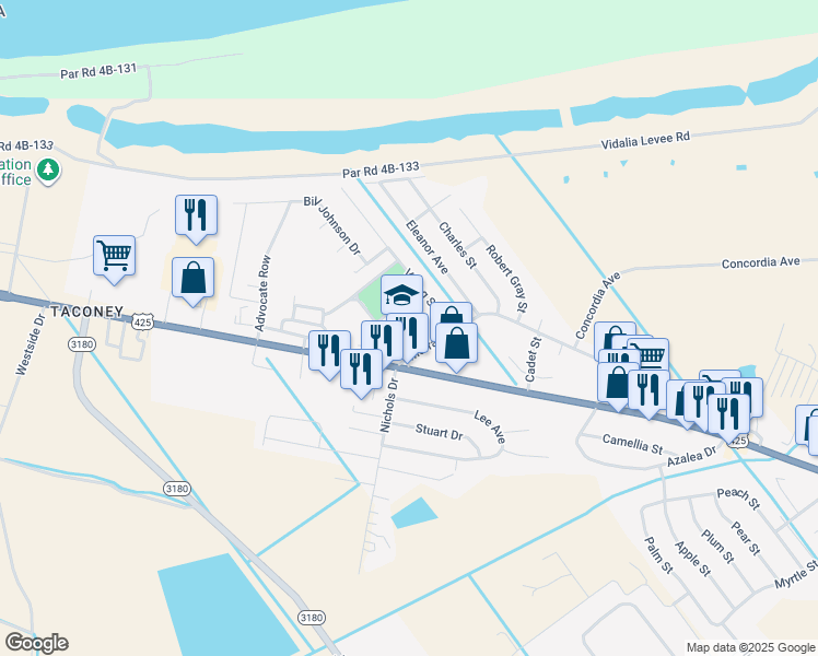 map of restaurants, bars, coffee shops, grocery stores, and more near 2201 Murray Drive in Vidalia