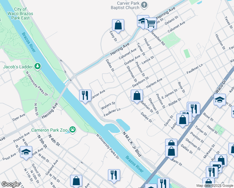 map of restaurants, bars, coffee shops, grocery stores, and more near 400 Dearborn Street in Waco