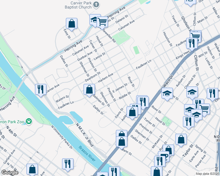 map of restaurants, bars, coffee shops, grocery stores, and more near 1213 Preston Street in Waco
