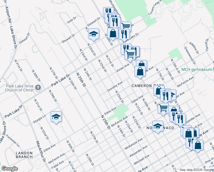 map of restaurants, bars, coffee shops, grocery stores, and more near 3513 North 23rd Street in Waco