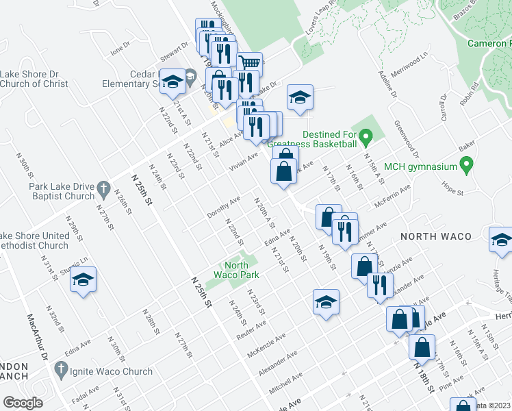map of restaurants, bars, coffee shops, grocery stores, and more near 3400 North 20th A Street in Waco