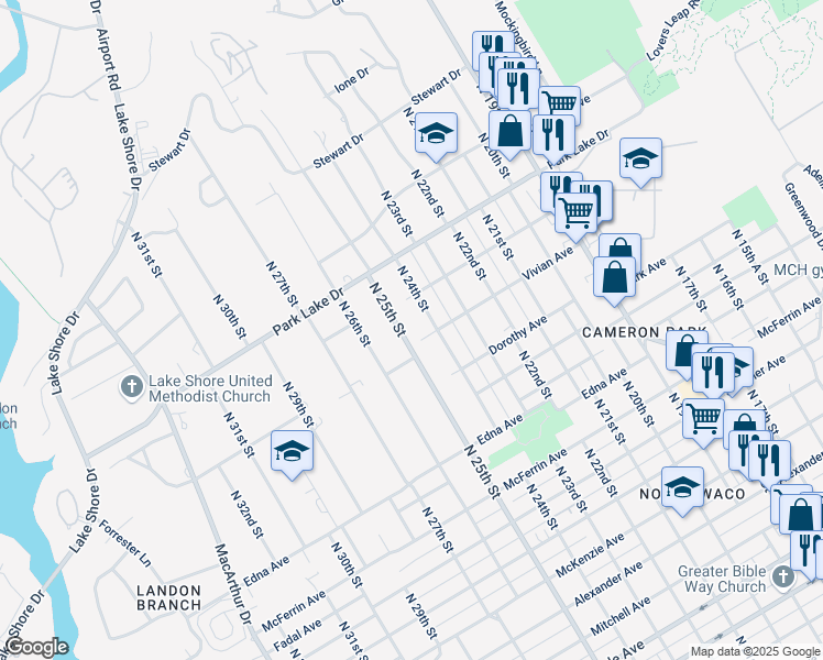 map of restaurants, bars, coffee shops, grocery stores, and more near 3621 N 25th St in Waco