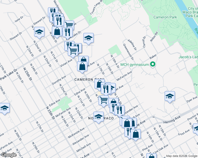 map of restaurants, bars, coffee shops, grocery stores, and more near 3207 North 18th Street in Waco