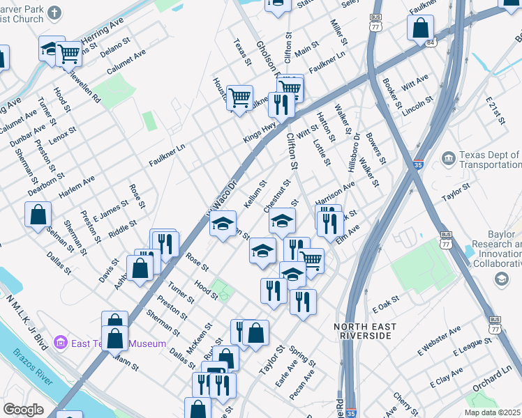 map of restaurants, bars, coffee shops, grocery stores, and more near 1124 Chestnut St in Waco