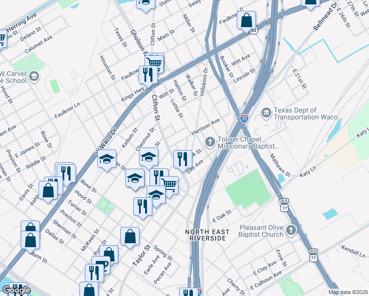 map of restaurants, bars, coffee shops, grocery stores, and more near 204 Elizabeth Street in Waco