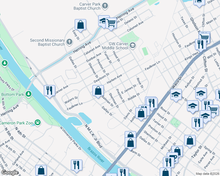 map of restaurants, bars, coffee shops, grocery stores, and more near 616 Faulkner Lane in Waco