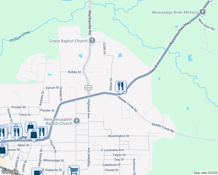 map of restaurants, bars, coffee shops, grocery stores, and more near 1101-1215 Alieze Street in Many