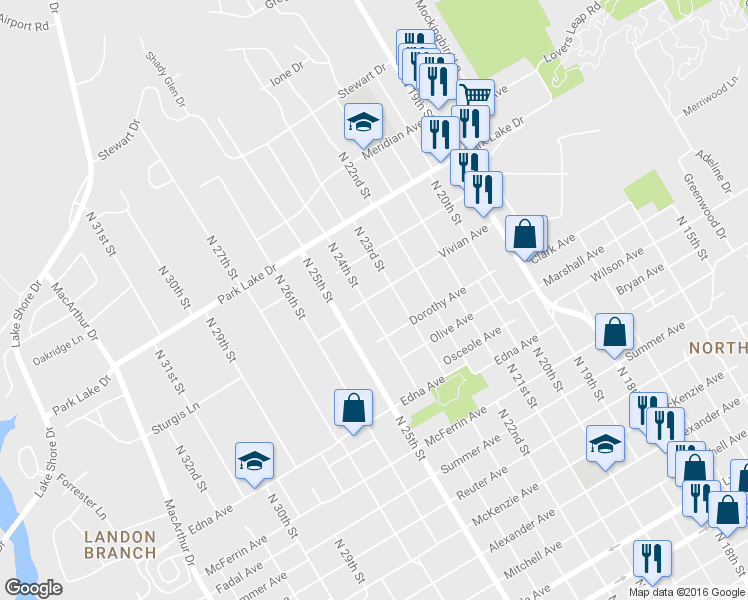 map of restaurants, bars, coffee shops, grocery stores, and more near 3537 North 24th Street in Waco