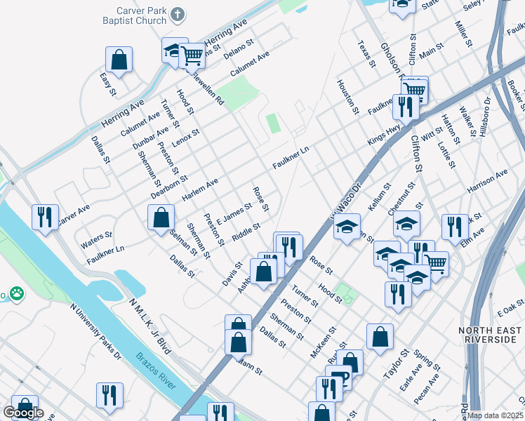 map of restaurants, bars, coffee shops, grocery stores, and more near 1112 Rose Street in Waco