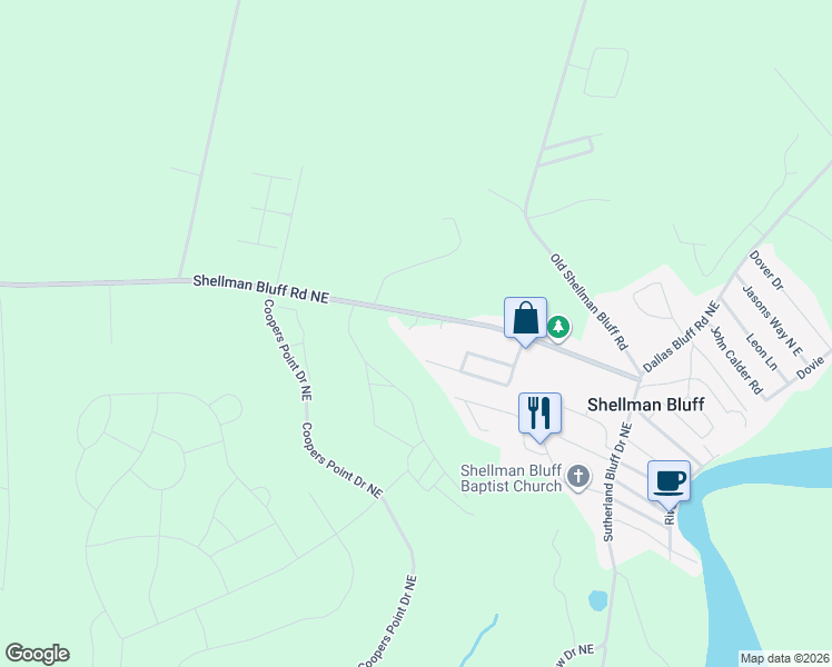 map of restaurants, bars, coffee shops, grocery stores, and more near 1038 Basswood Drive Northeast in Townsend