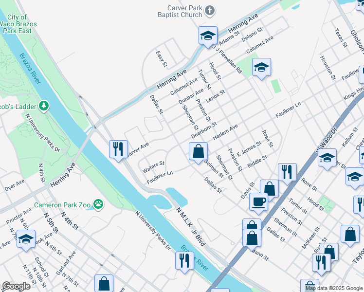 map of restaurants, bars, coffee shops, grocery stores, and more near 501 Dearborn Street in Waco