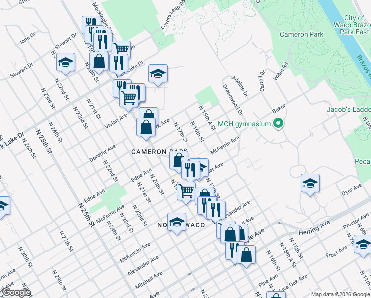 map of restaurants, bars, coffee shops, grocery stores, and more near 3207 North 18th Street in Waco