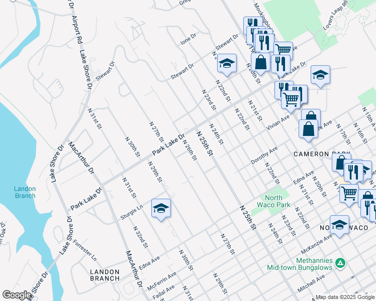 map of restaurants, bars, coffee shops, grocery stores, and more near 3704 North 26th Street in Waco