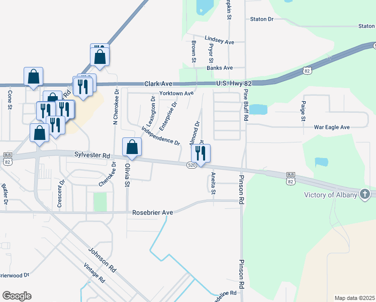 map of restaurants, bars, coffee shops, grocery stores, and more near 109 Almond Drive in Albany