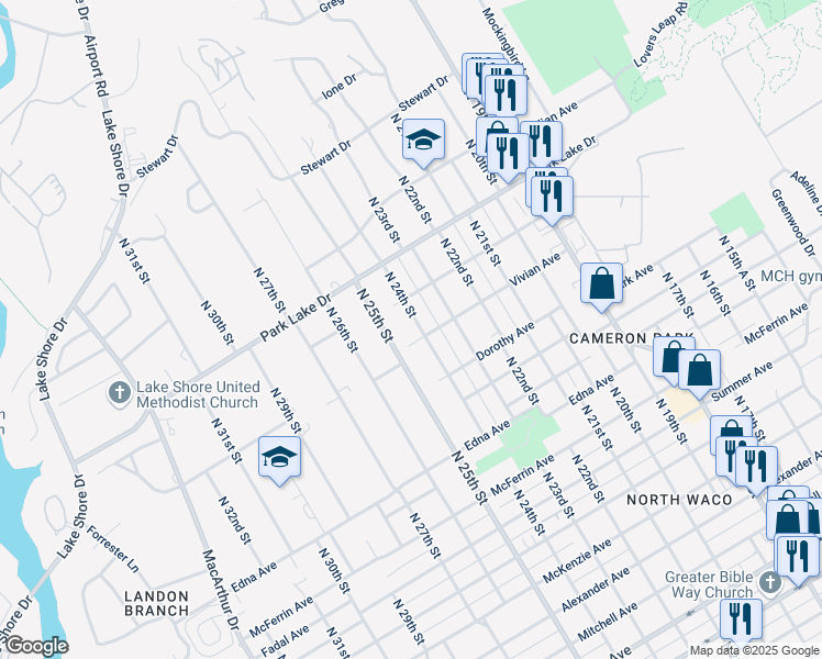 map of restaurants, bars, coffee shops, grocery stores, and more near 3621 North 25th Street in Waco