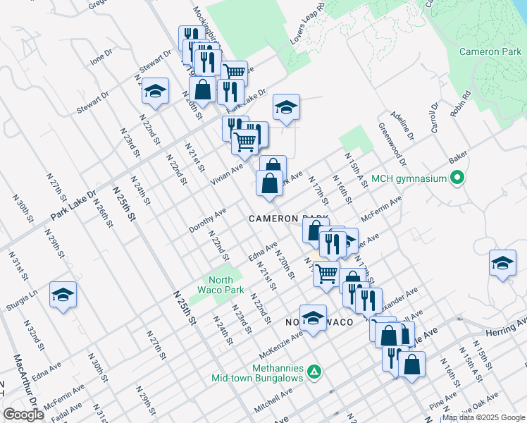 map of restaurants, bars, coffee shops, grocery stores, and more near 1925 Marshall Avenue in Waco