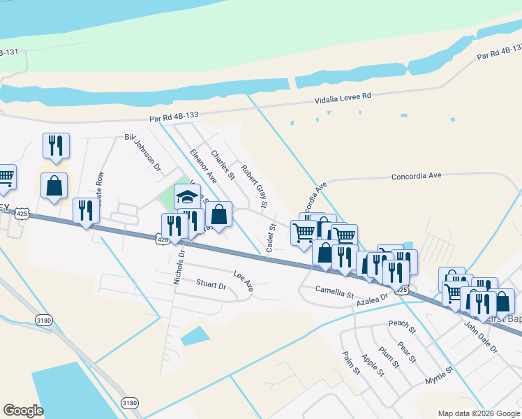 map of restaurants, bars, coffee shops, grocery stores, and more near 1928-1954 Murray Drive in Vidalia