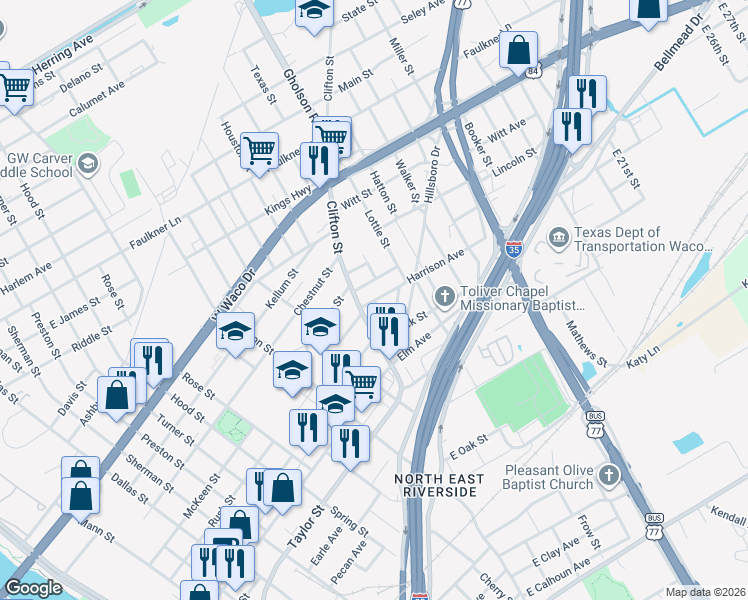 map of restaurants, bars, coffee shops, grocery stores, and more near 1301 Harrison Avenue in Waco