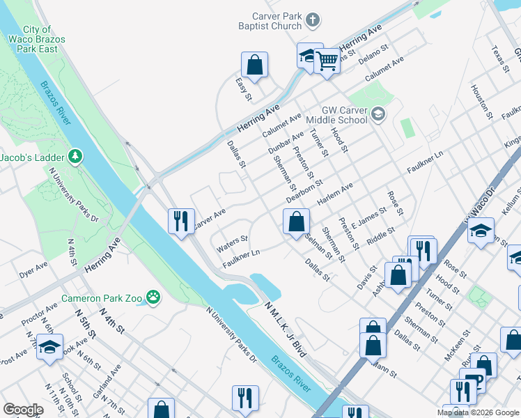 map of restaurants, bars, coffee shops, grocery stores, and more near 400 Dearborn Street in Waco