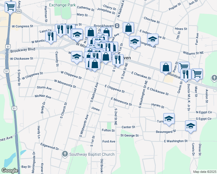map of restaurants, bars, coffee shops, grocery stores, and more near 400 South 1st Street in Brookhaven