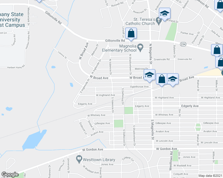 map of restaurants, bars, coffee shops, grocery stores, and more near 1900 Oglethorpe Avenue in Albany